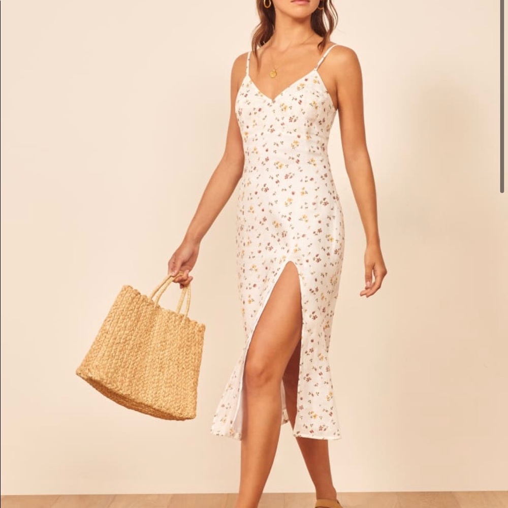 Reformation Brianna white linen side slit dress